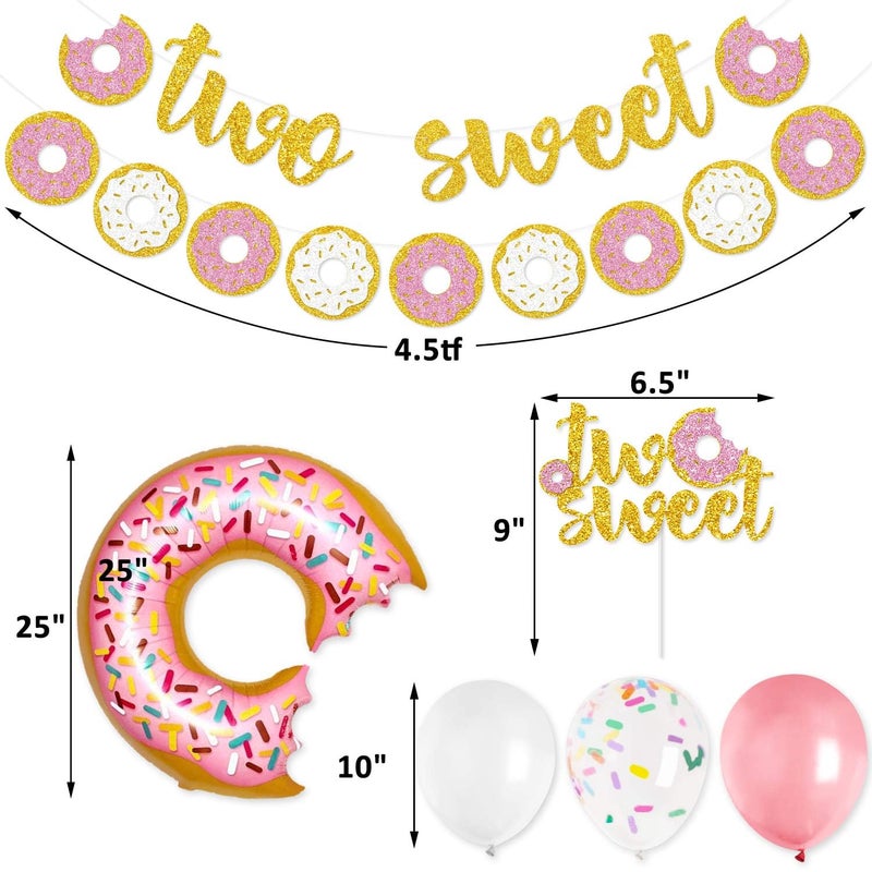 Levfla Two Sweet Donut Party Decoration Baby Second Birthday Glitter Doughnut Banner Cake Topper Sprinkles Balloons Kids Party Favor Ideas Supplies - Image 3